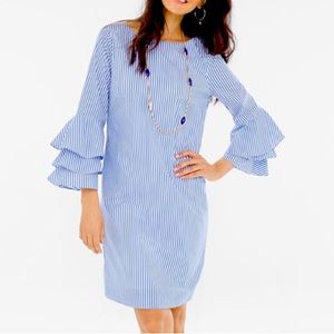 Chico's Light Blue and White Striped Ruffle-Sleeve Dress